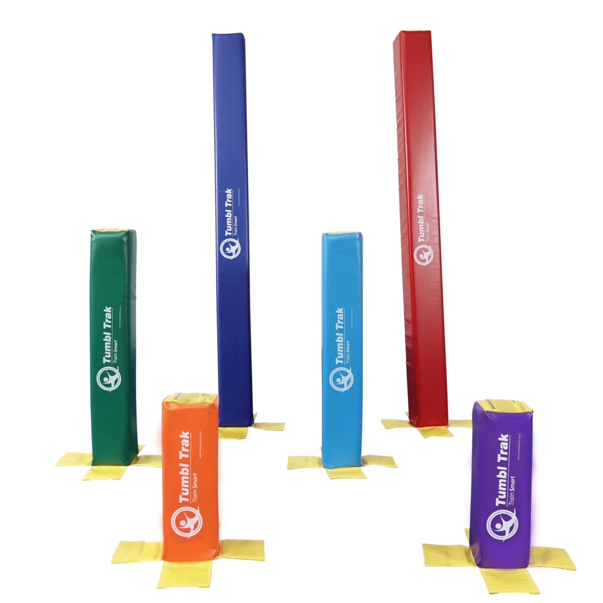 A photo showing 6 Fun Sticks of multiple sizes and colors, standing.