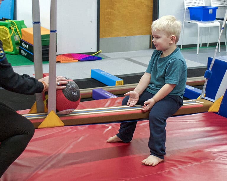 A photo of a client and his pediatric OT sitting on a Laser Beam Hammock. They are playing a game with a therapy ball.