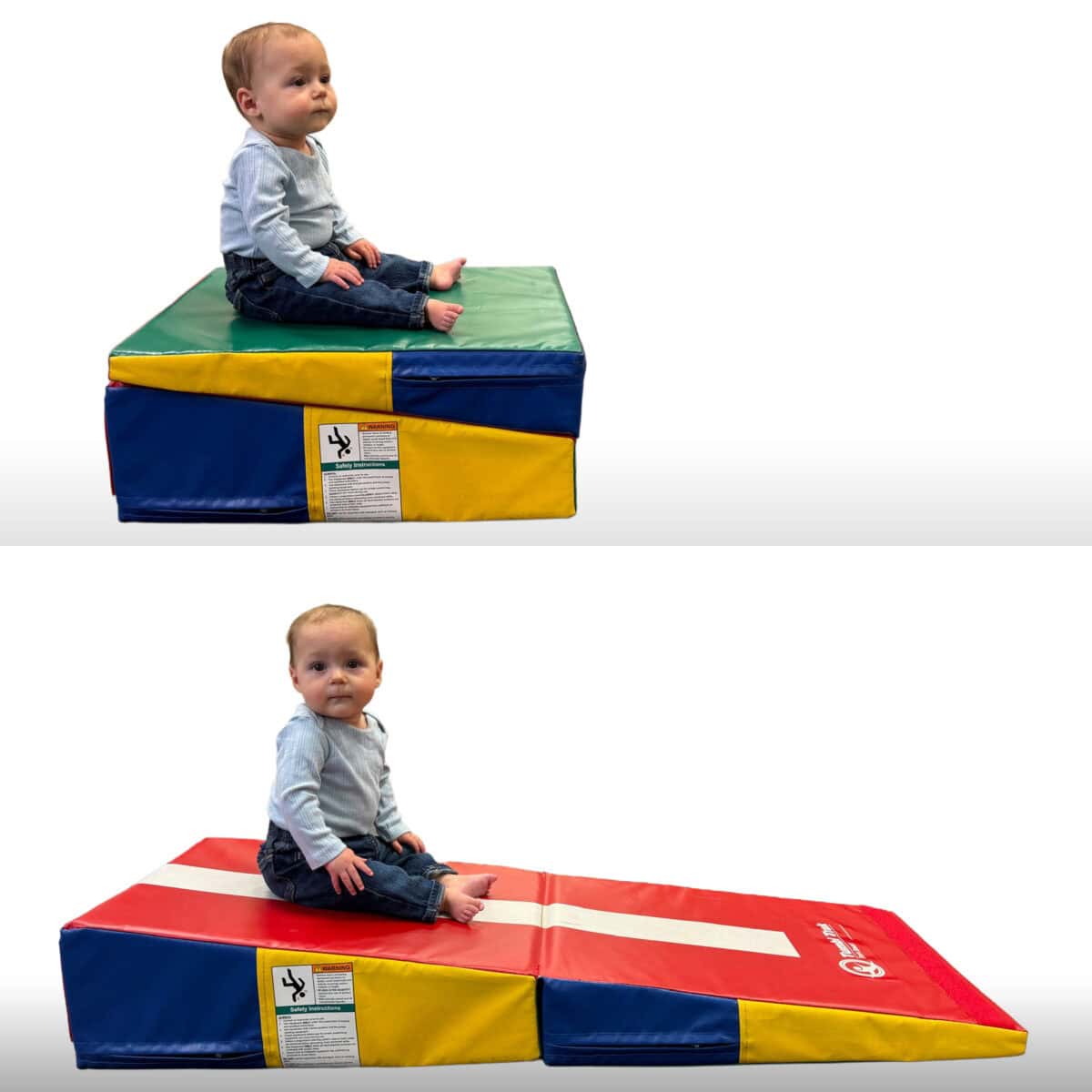A collage photo showing the Folding Mini Ramp in both folded and unfolded states, with a child sitting on both for scale.